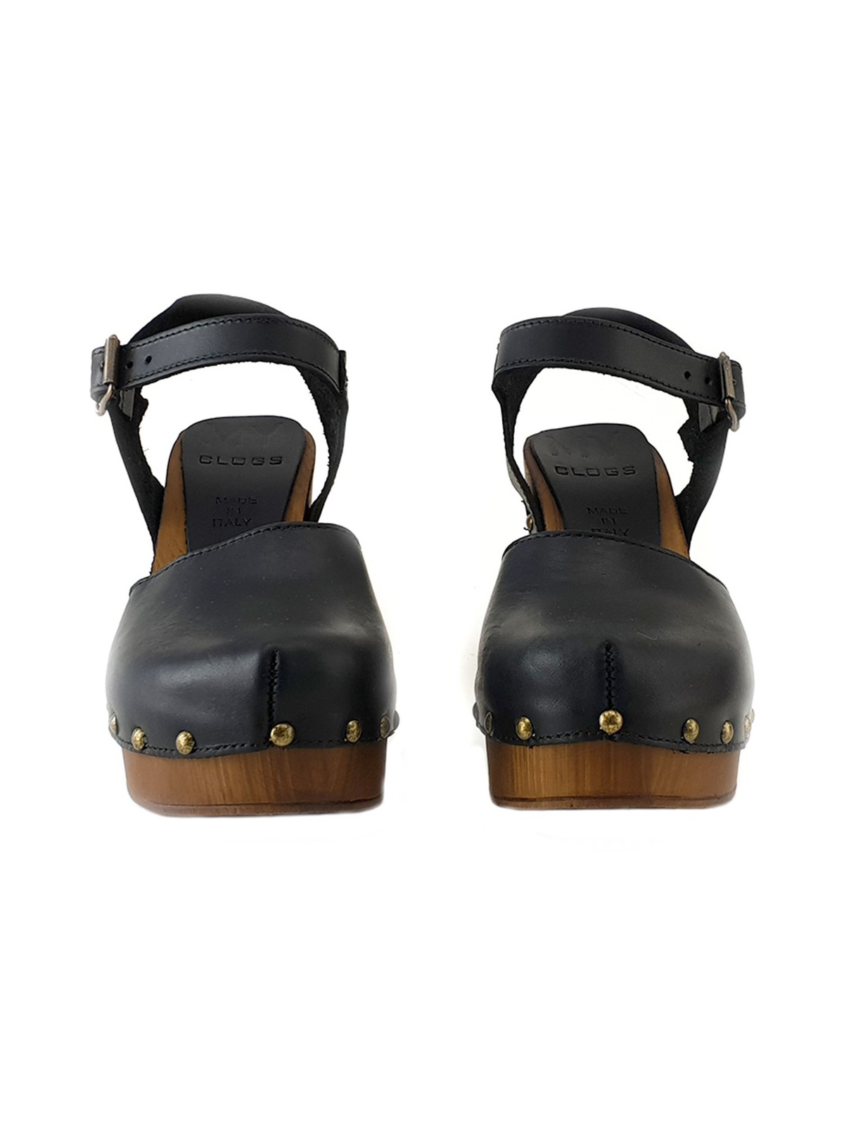 BLACK LEATHER CLOGS HAND IN ITALY