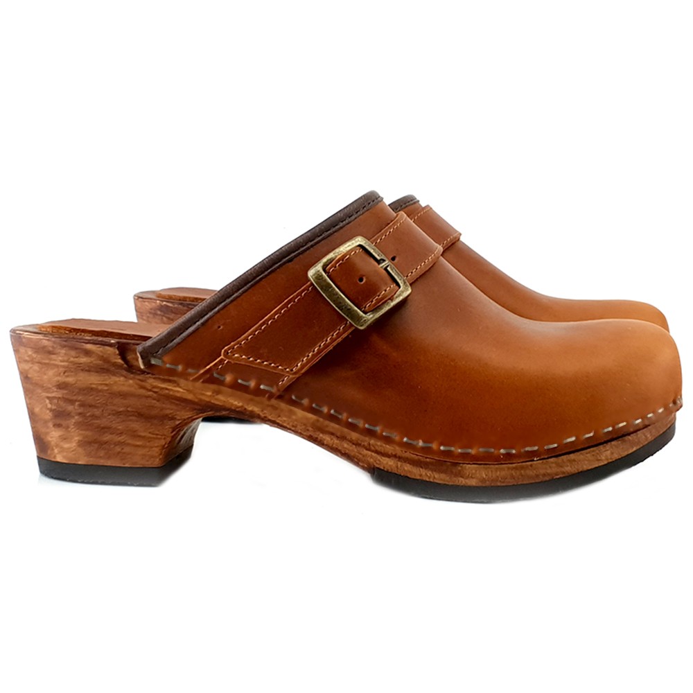 MY171 CAM CUOIO 4 US, BROWN Women's clogs with 8.5 cm heel in brown leather band Made in Italy 