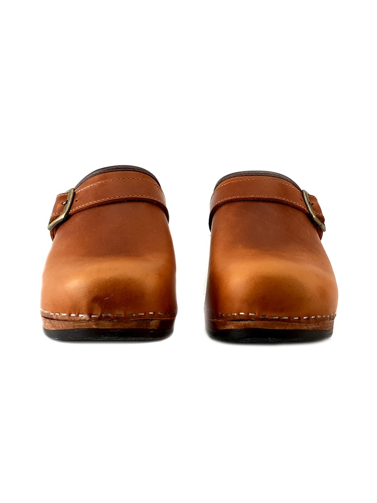 BROWN LEATHER CLOGS OPEN