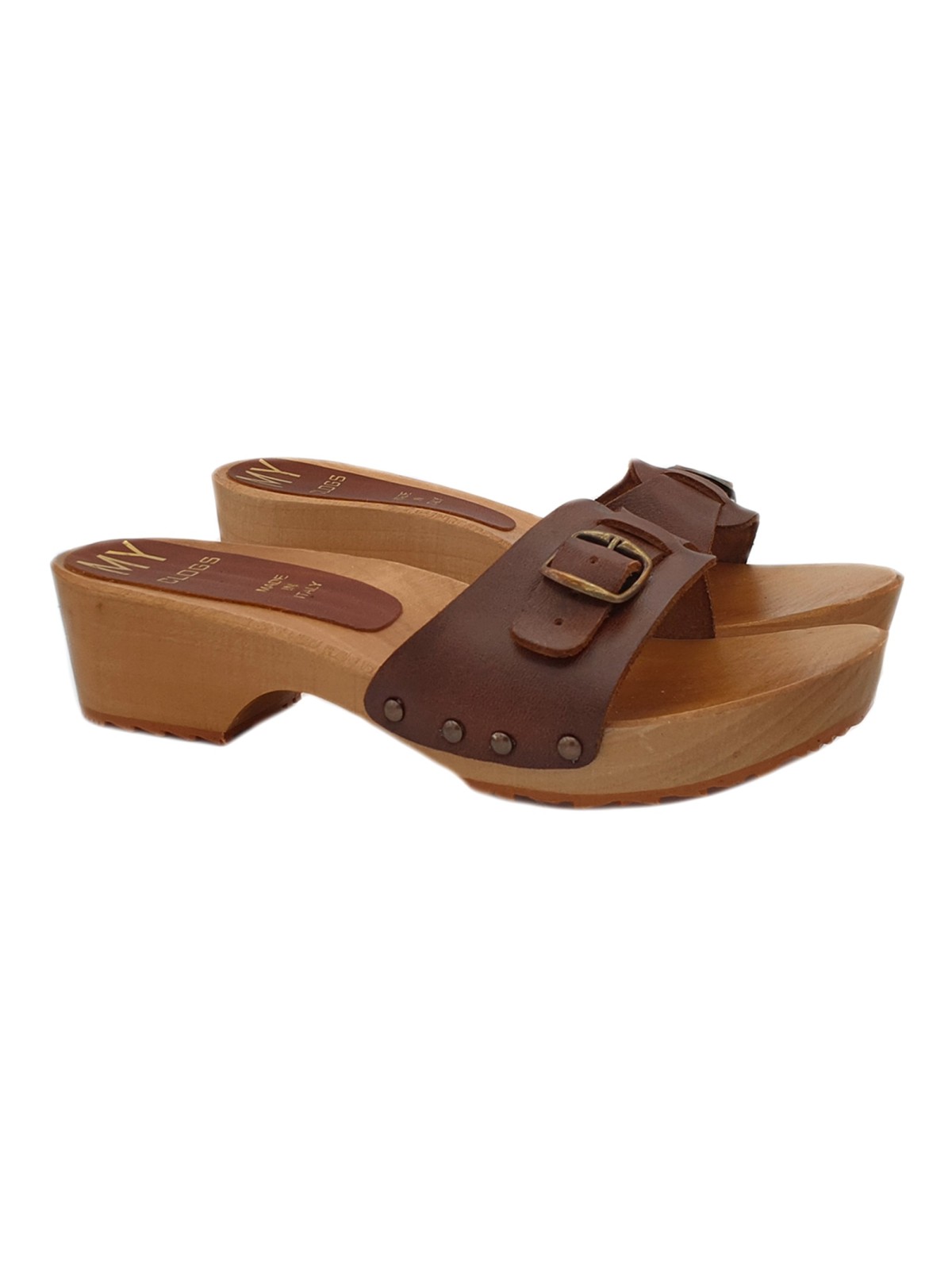 BROWN LEATHER SWEDISH CLOGS IN WOOD