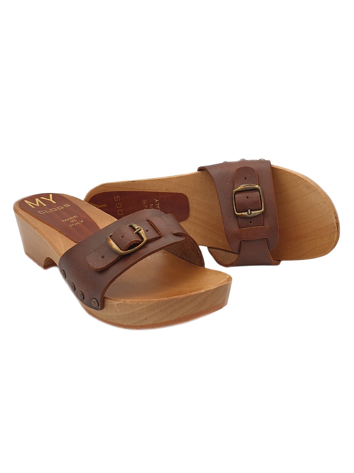 BROWN LEATHER SWEDISH CLOGS IN WOOD