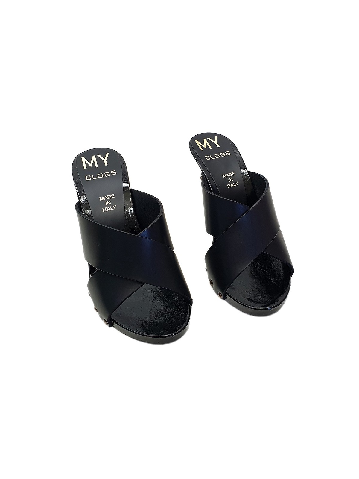 BLACK LEATHER CLOGS WITH HEEL 9 CM