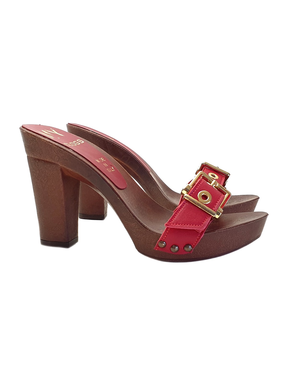 RED CLOGS IN LEATHER WITH BUCKLE