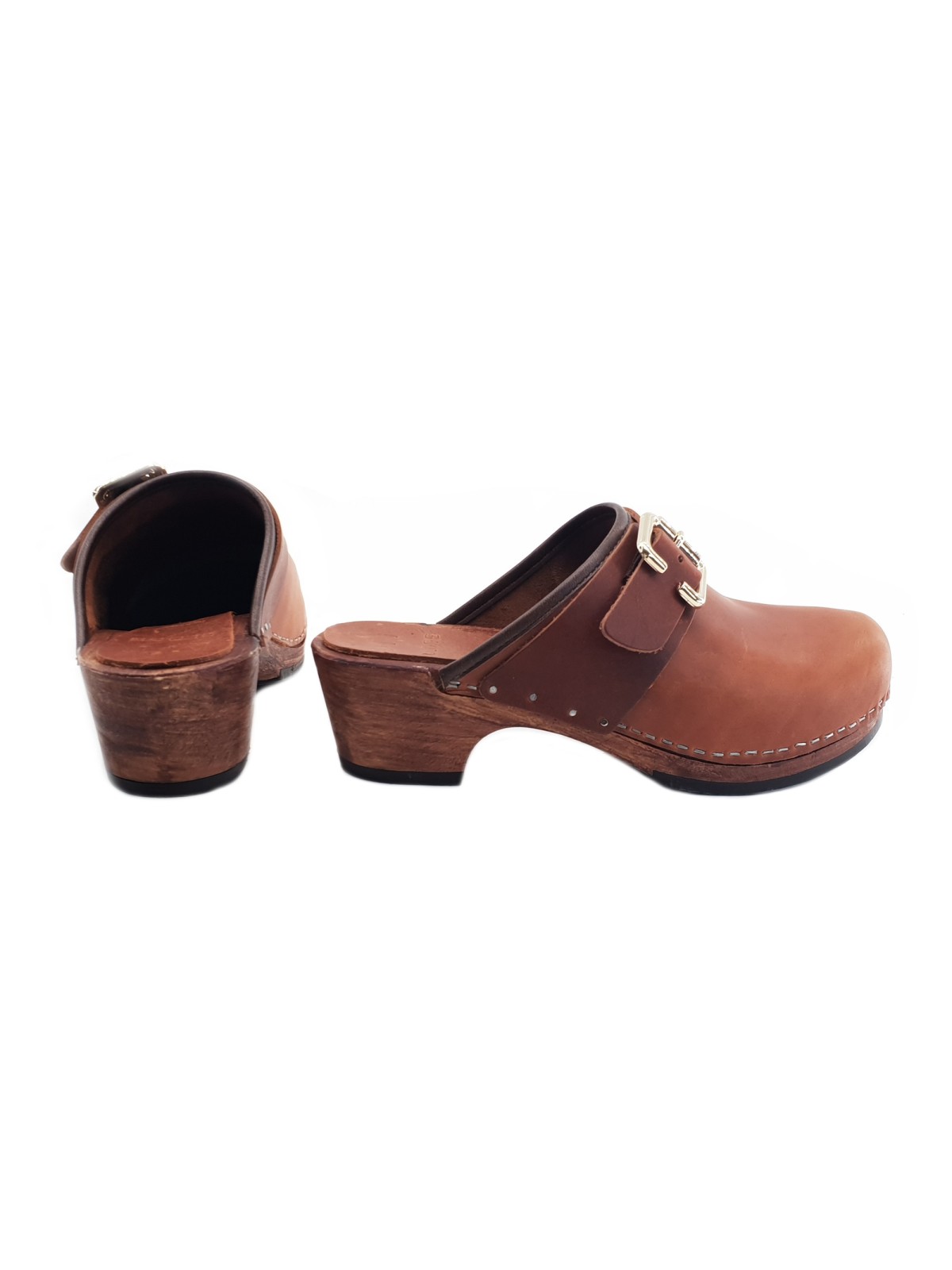 BROWN LEATHER CLOGS WITH BUCKLE