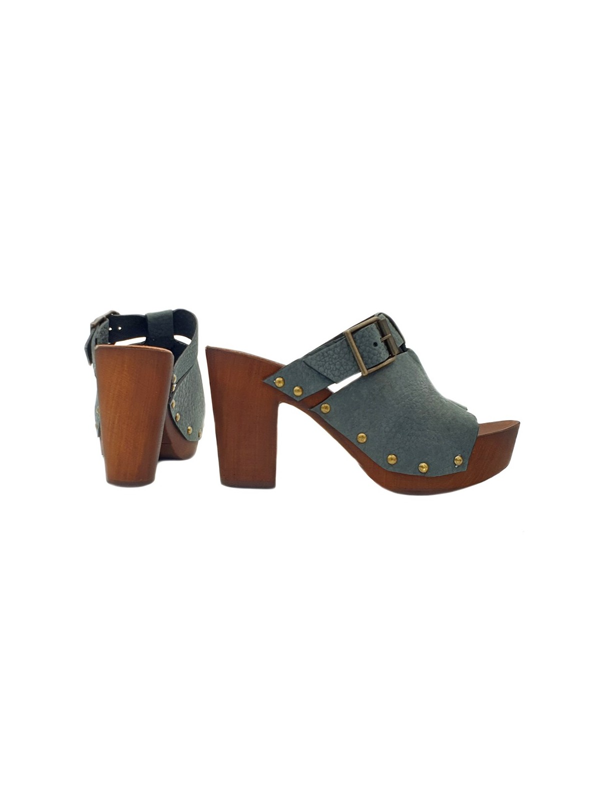 BLUE CLOGS IN LEATHER AND COMFY HEEL 9