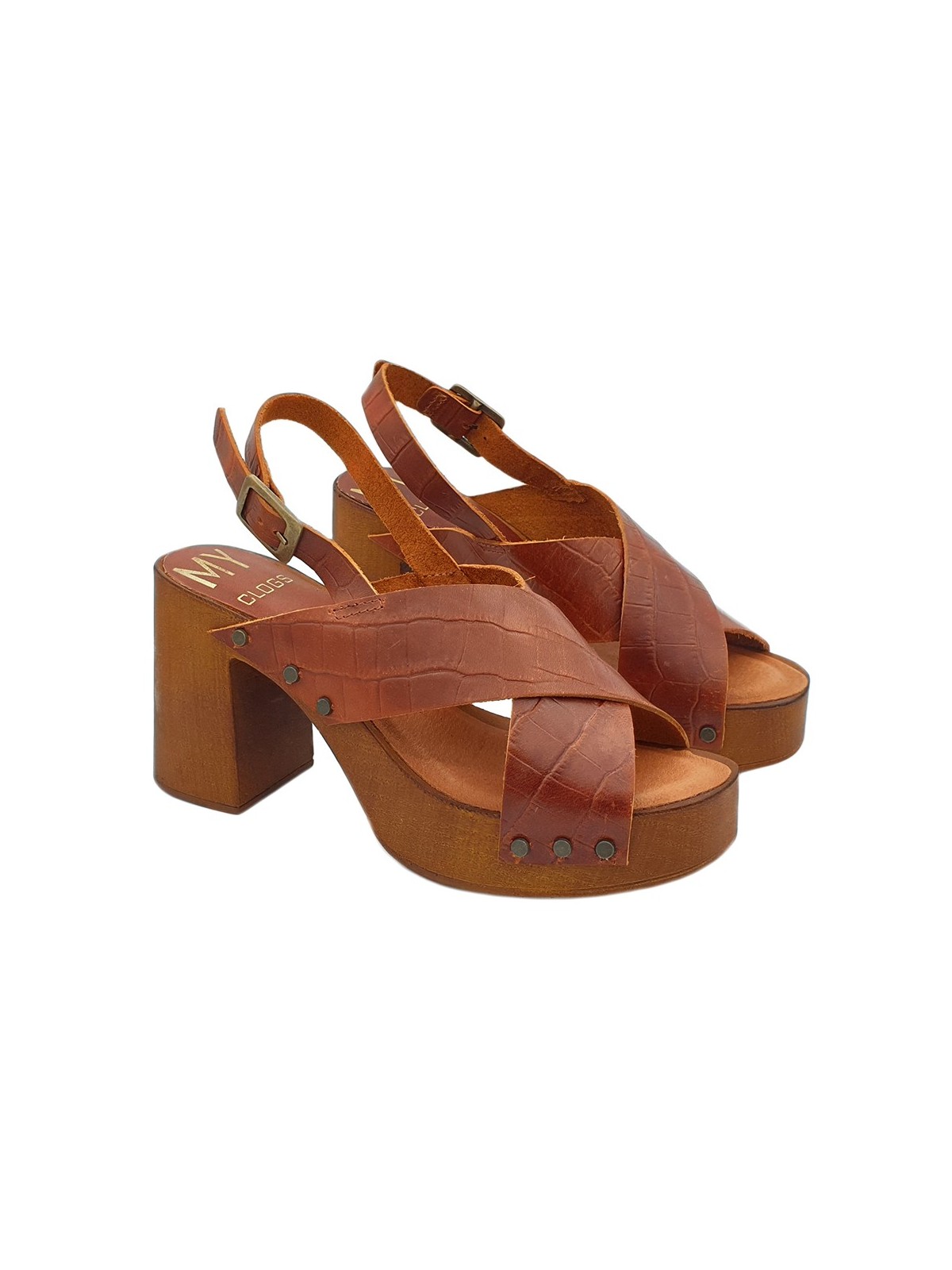 CLOGS BROWN CROCODILE WITH ANKLE STRAP
