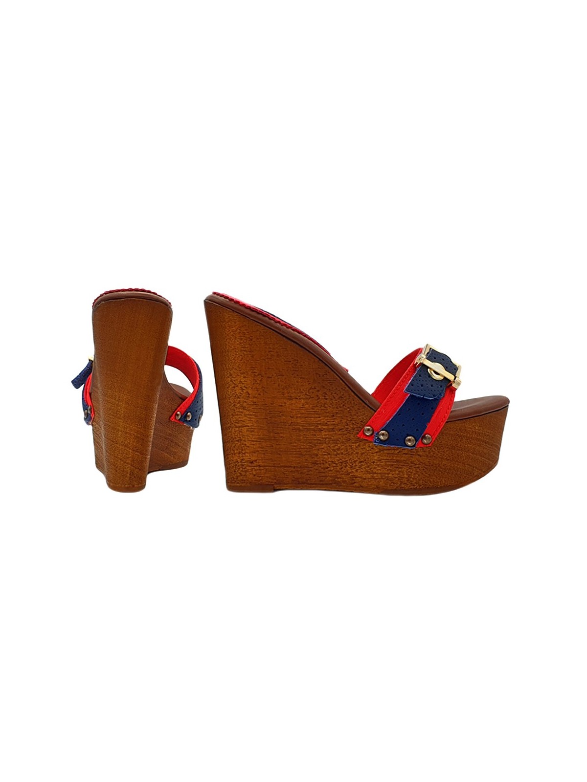WEDGE CLOGS RED AND DENIM IN LEATHER