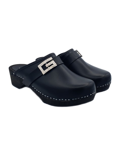 BLACK LEATHER SWEDISH CLOGS WITH ACCESSORY