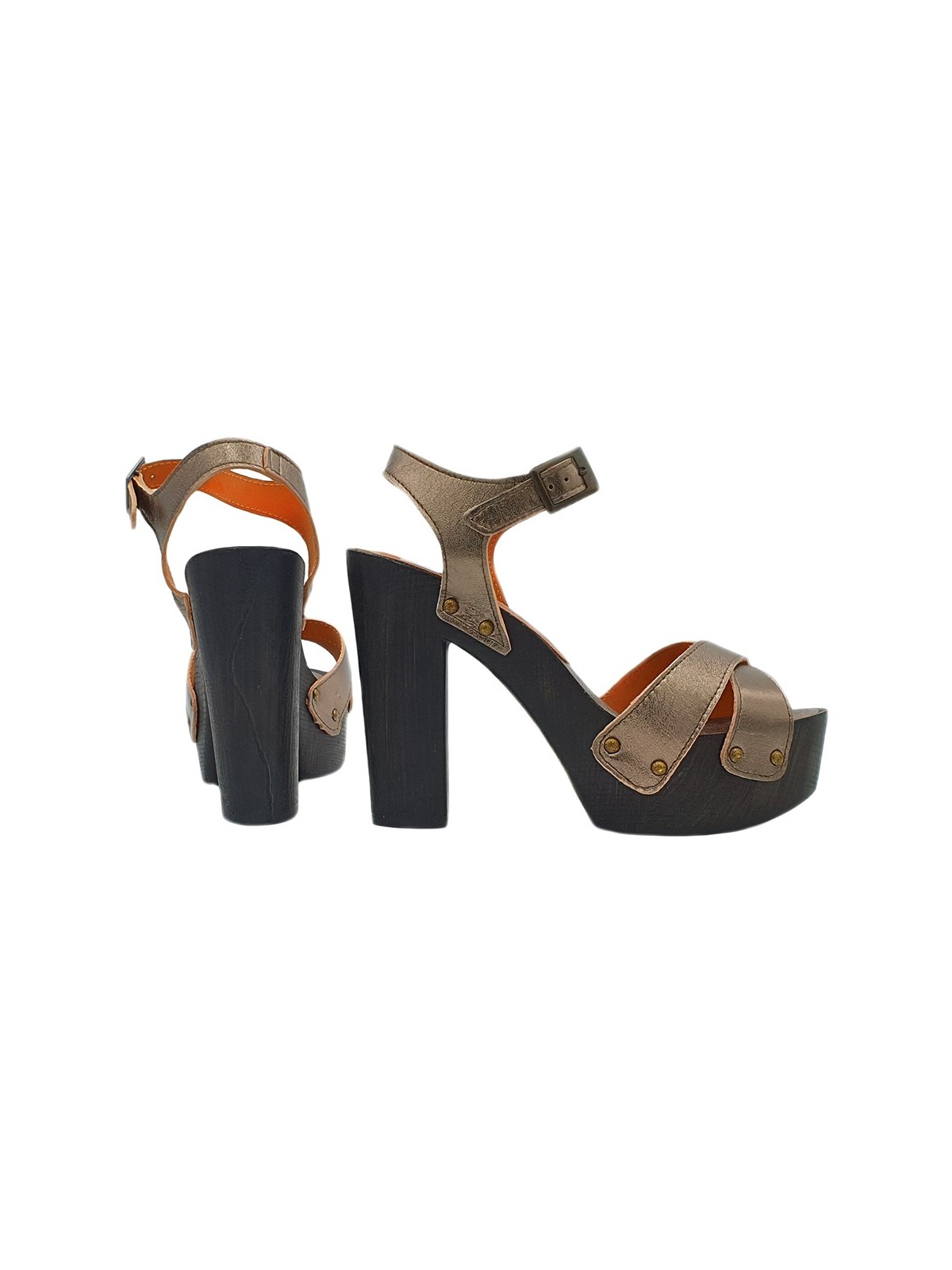 BRONZE CLOGS IN LEATHER AND ANKLE STRAP HEEL 12