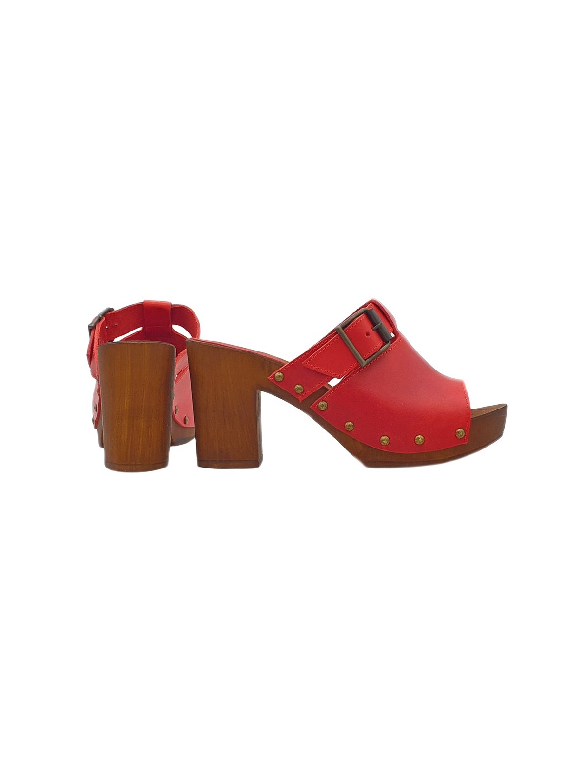 RED CLOGS IN LEATHER WITH BOUCLE
