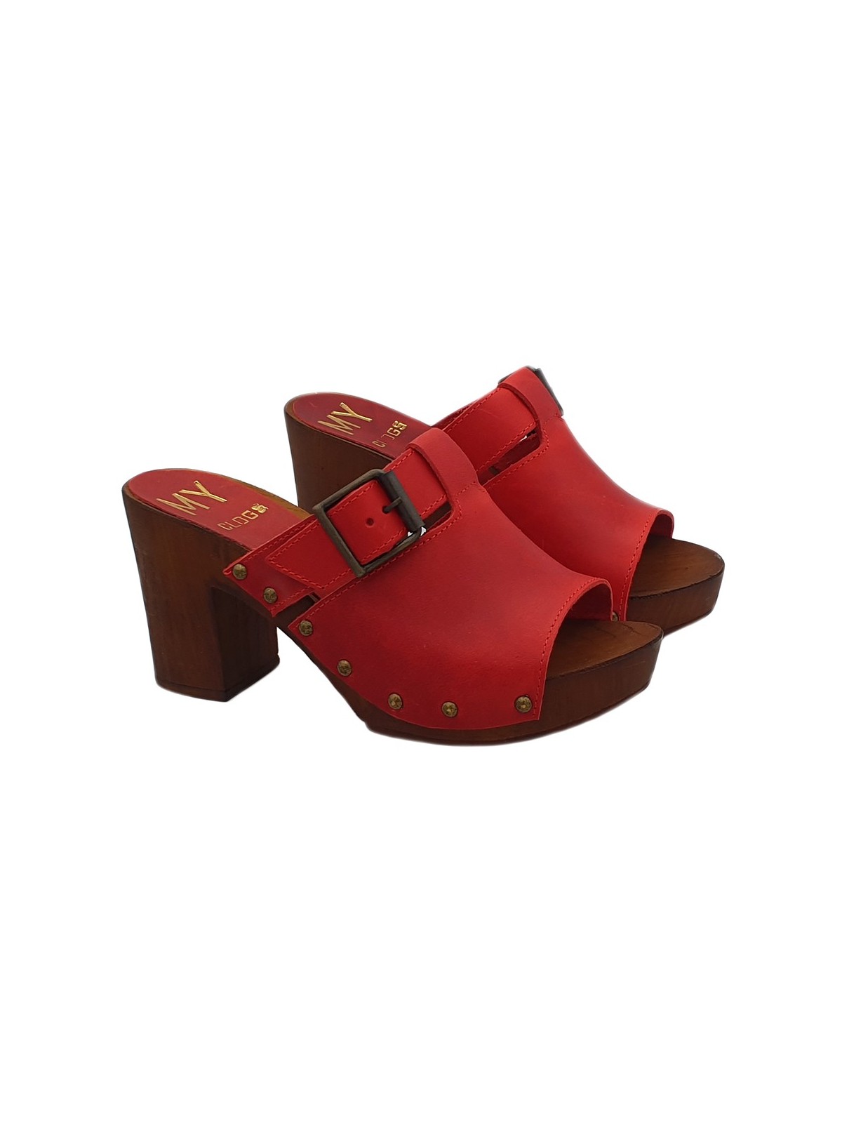 RED CLOGS IN LEATHER WITH BOUCLE