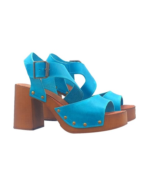 LEATHER SANDALS WITH TURQUOISE BAND HEEL 7,5 cm