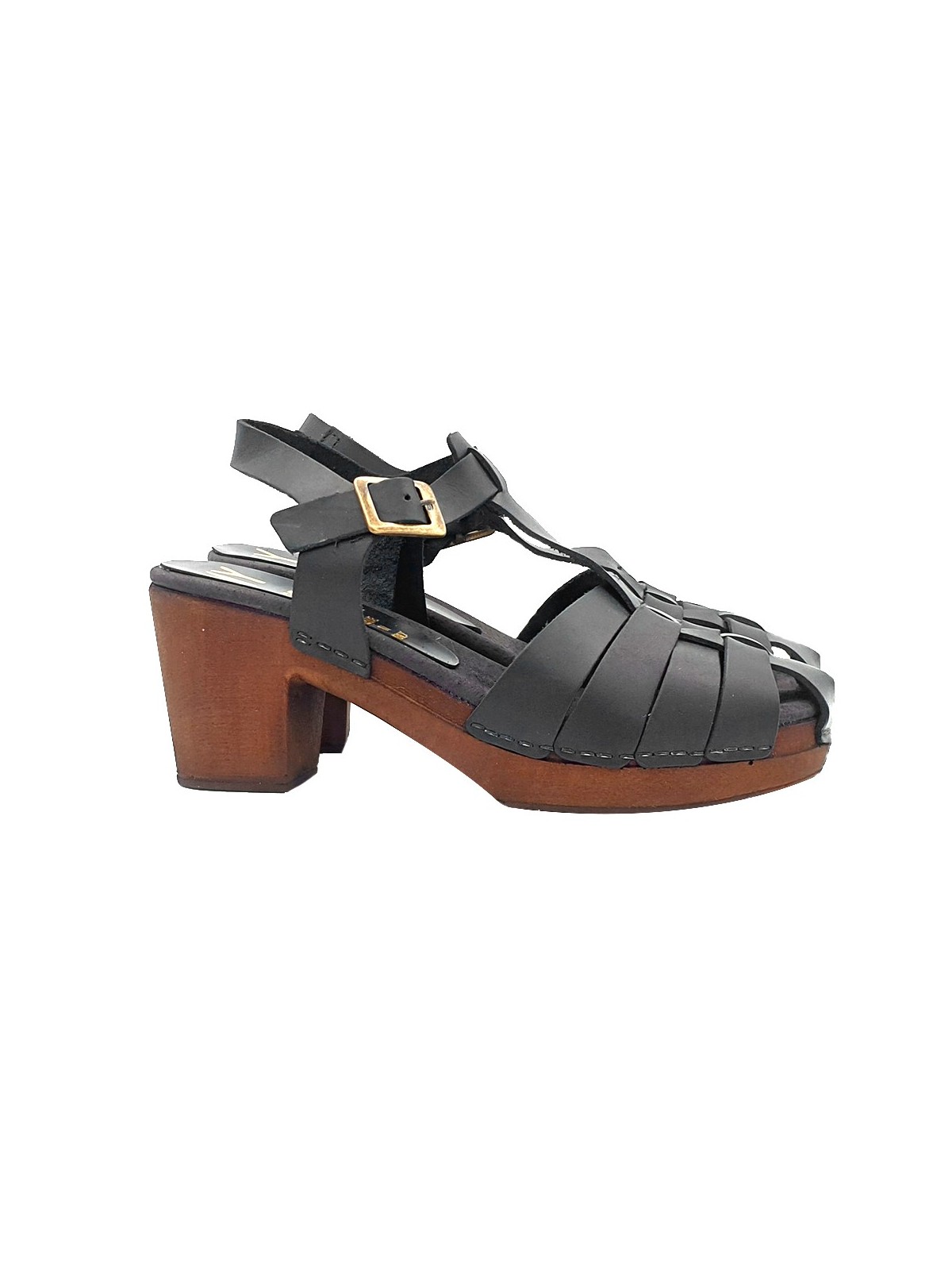 BLACK LEATHER SANDALS WITH STRAP HEEL 7 cm