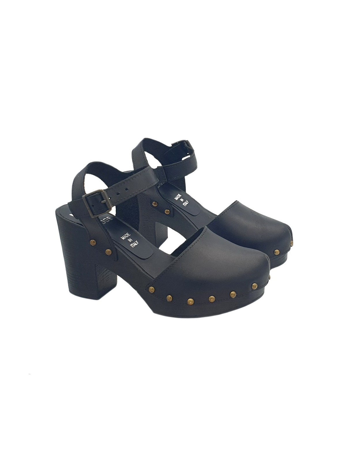 BLACK CLOSED SWEDISH CLOGS WITH HEEL AND STRAP