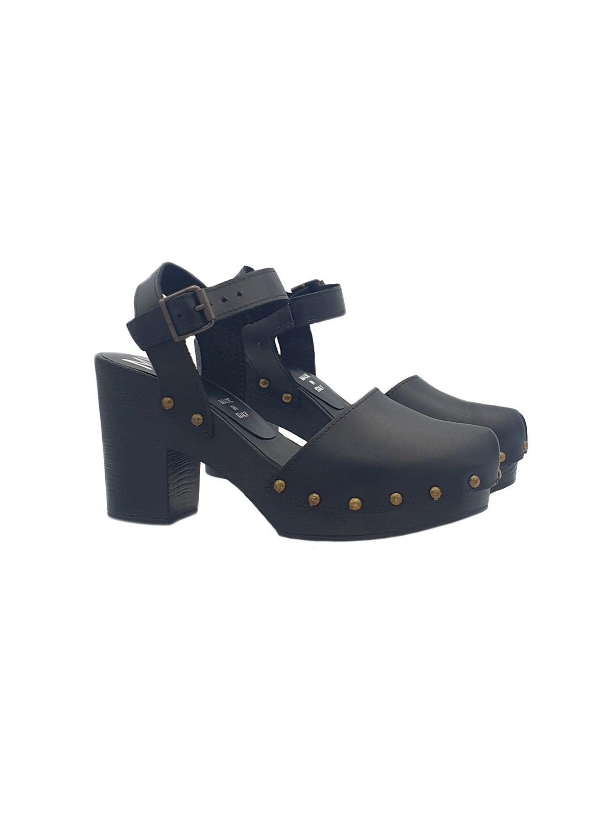 BLACK CLOSED SWEDISH CLOGS WITH HEEL AND STRAP