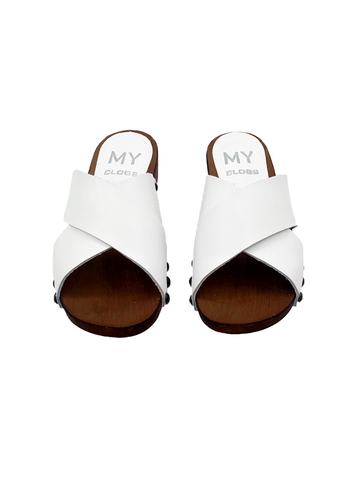LOW CLOGS WITH CROSSED WHITE LEATHER BANDS
