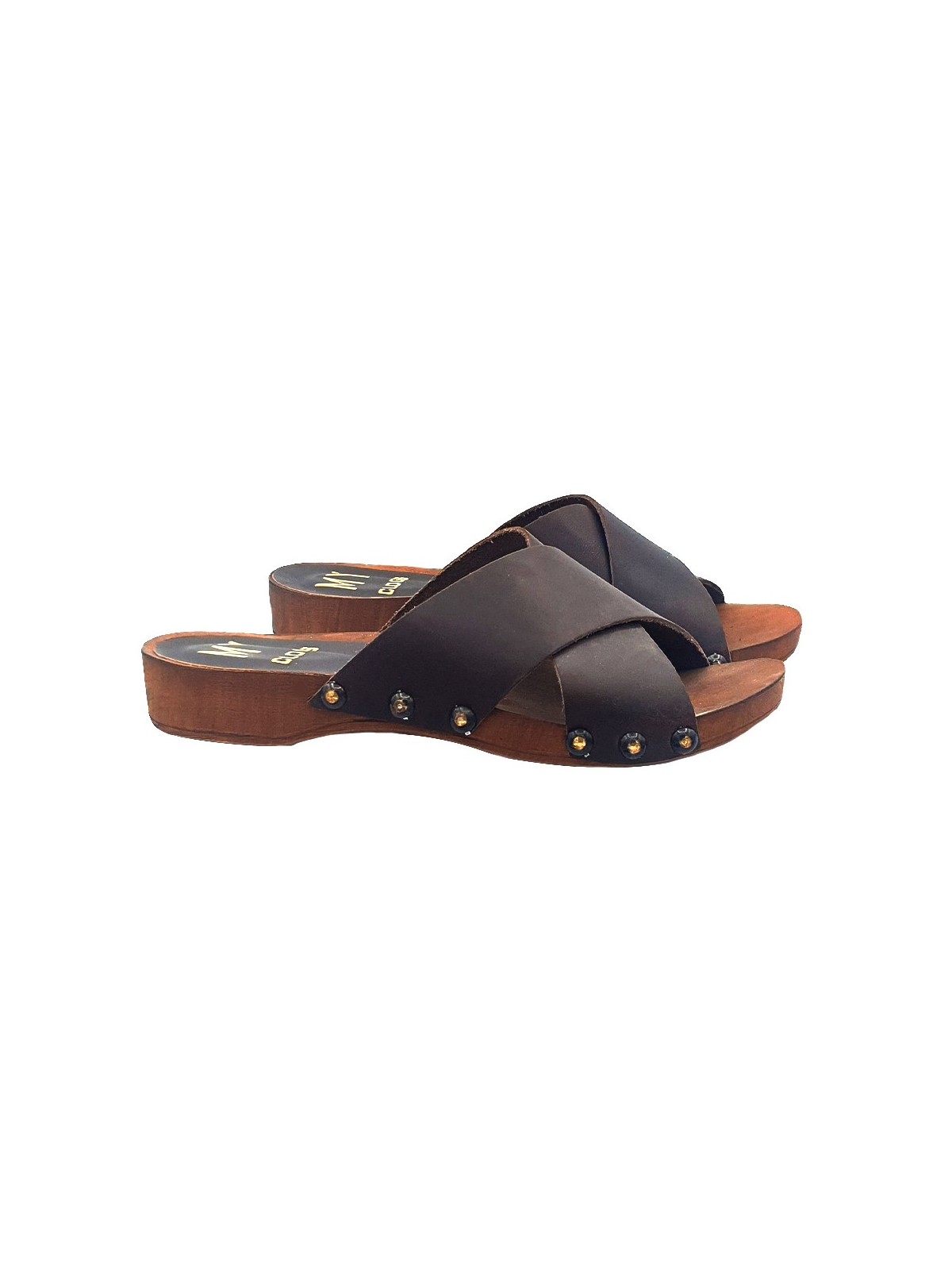 LOW CLOGS WITH CROSSED BROWN LEATHER BANDS