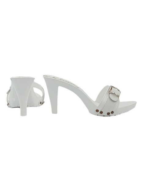WHITE DOUBLE BAND LEATHER CLOGS HEEL 9