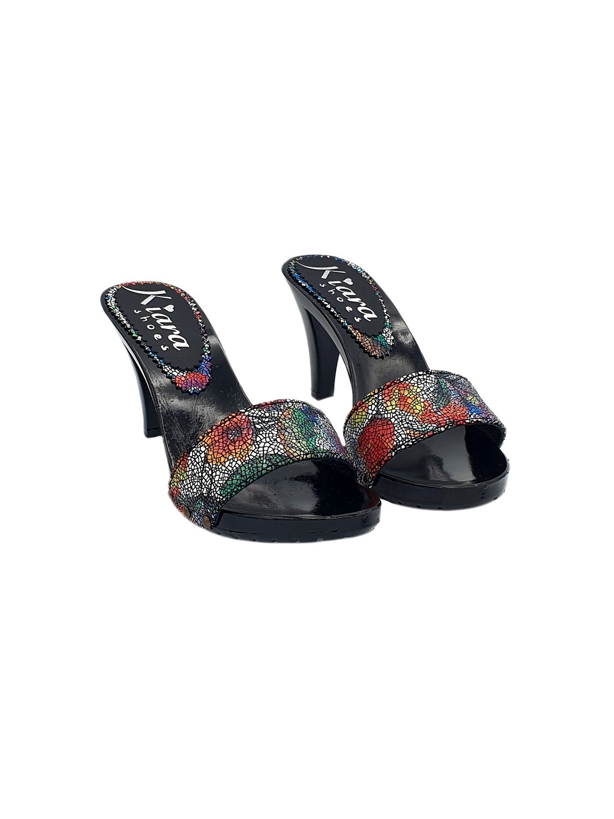 BLACK LACQUERED CLOGS WITH FLORAL DECORATION UPPER
