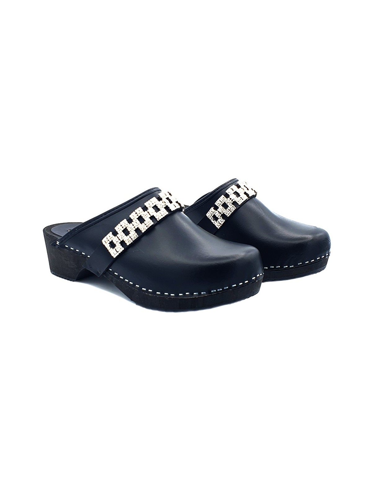 BLACK SWEDISH CLOGS WITH STRASS BAND