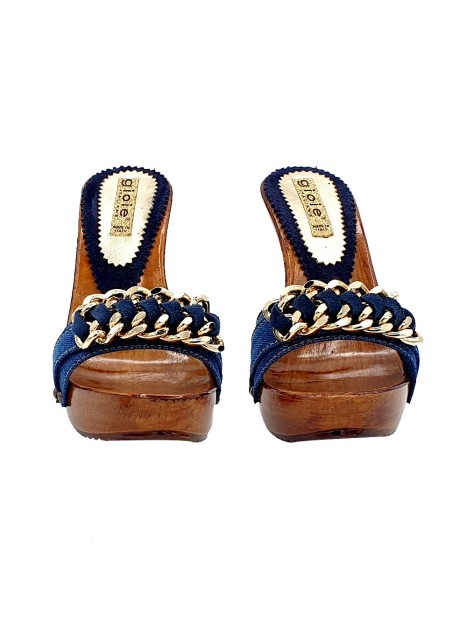 CLOGS IN DENIM WITH GOLDEN CHAIN