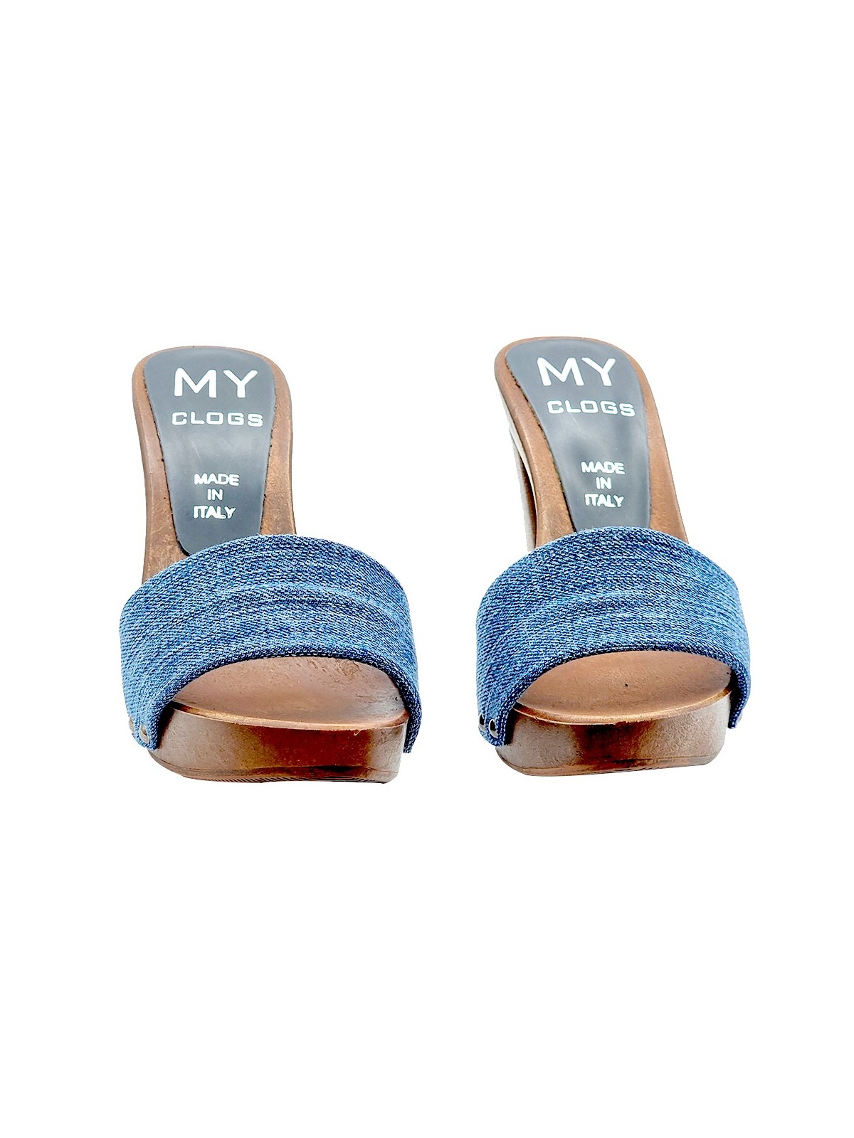 CLOGS WITH DENIM BAND AND HEEL 10