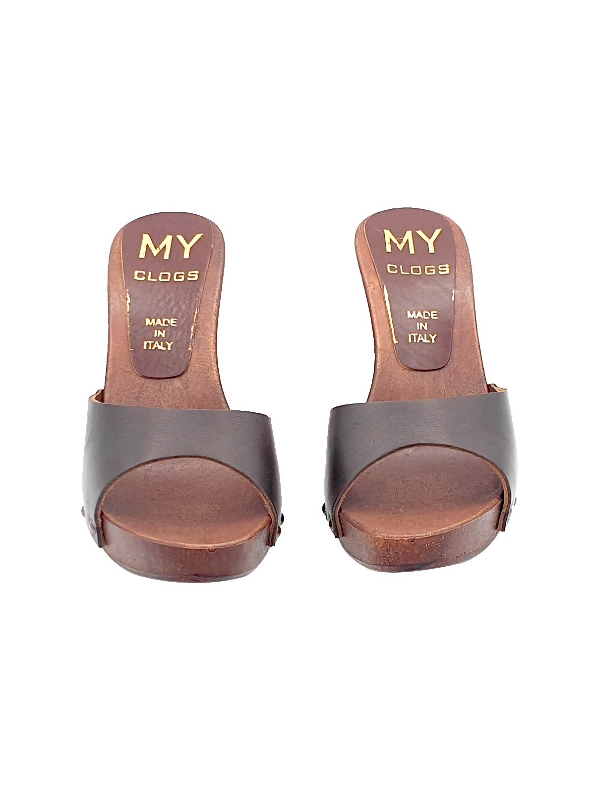 CLOGS WITH BROWN LEATHER BAND AND HEEL 10