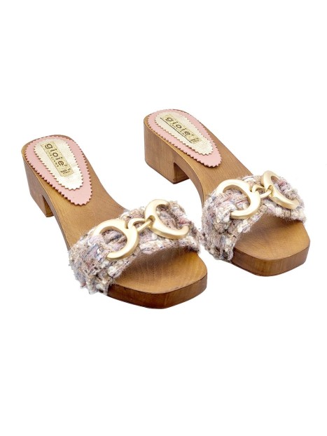 LOW CLOGS WITH PINK BRAIDED BAND AND GOLD ACCESSORY