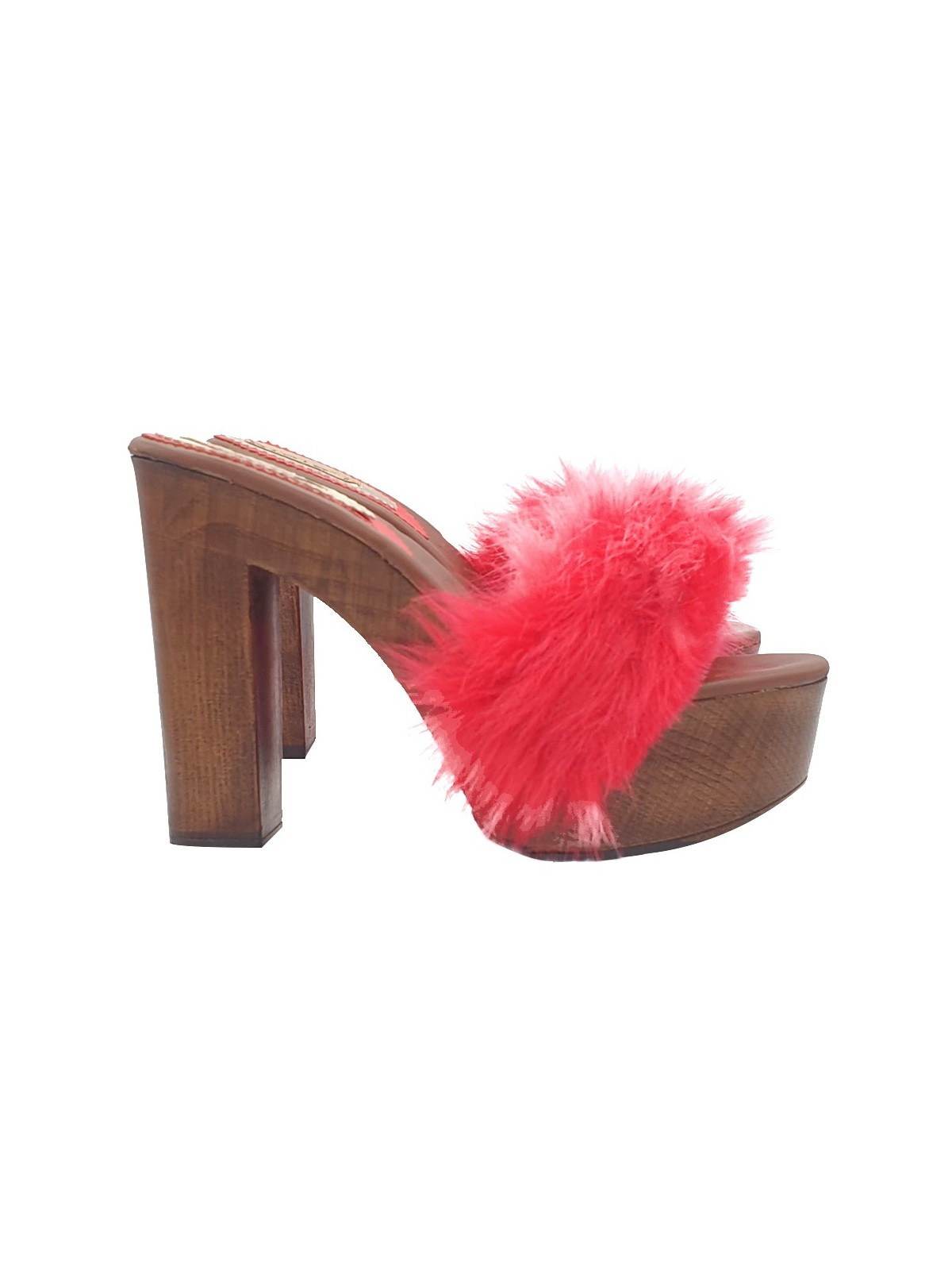 CLOGS WITH RED FUR AND HIGH HEEL