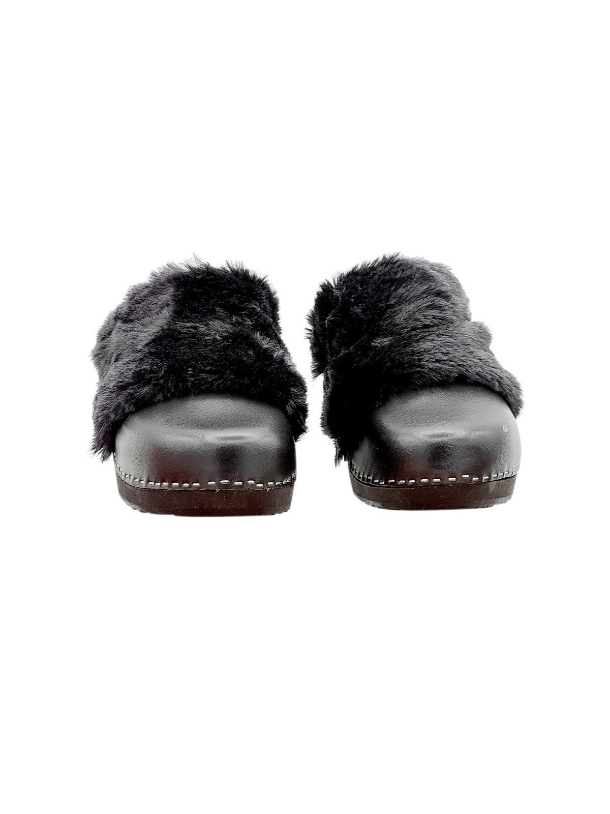 LOW BLACK CLOGS WITH SYNTHETIC FUR