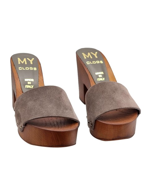 CLOGS IN TAUPE SUEDE WITH HEEL 9 CM