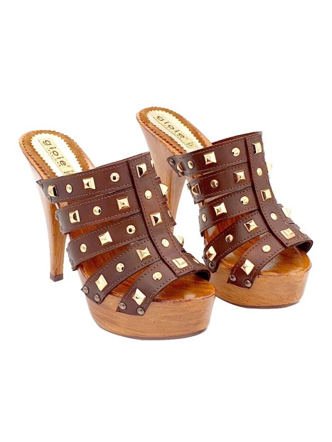 CLOGS WITH BROWN BANDS AND GOLDEN STUDS
