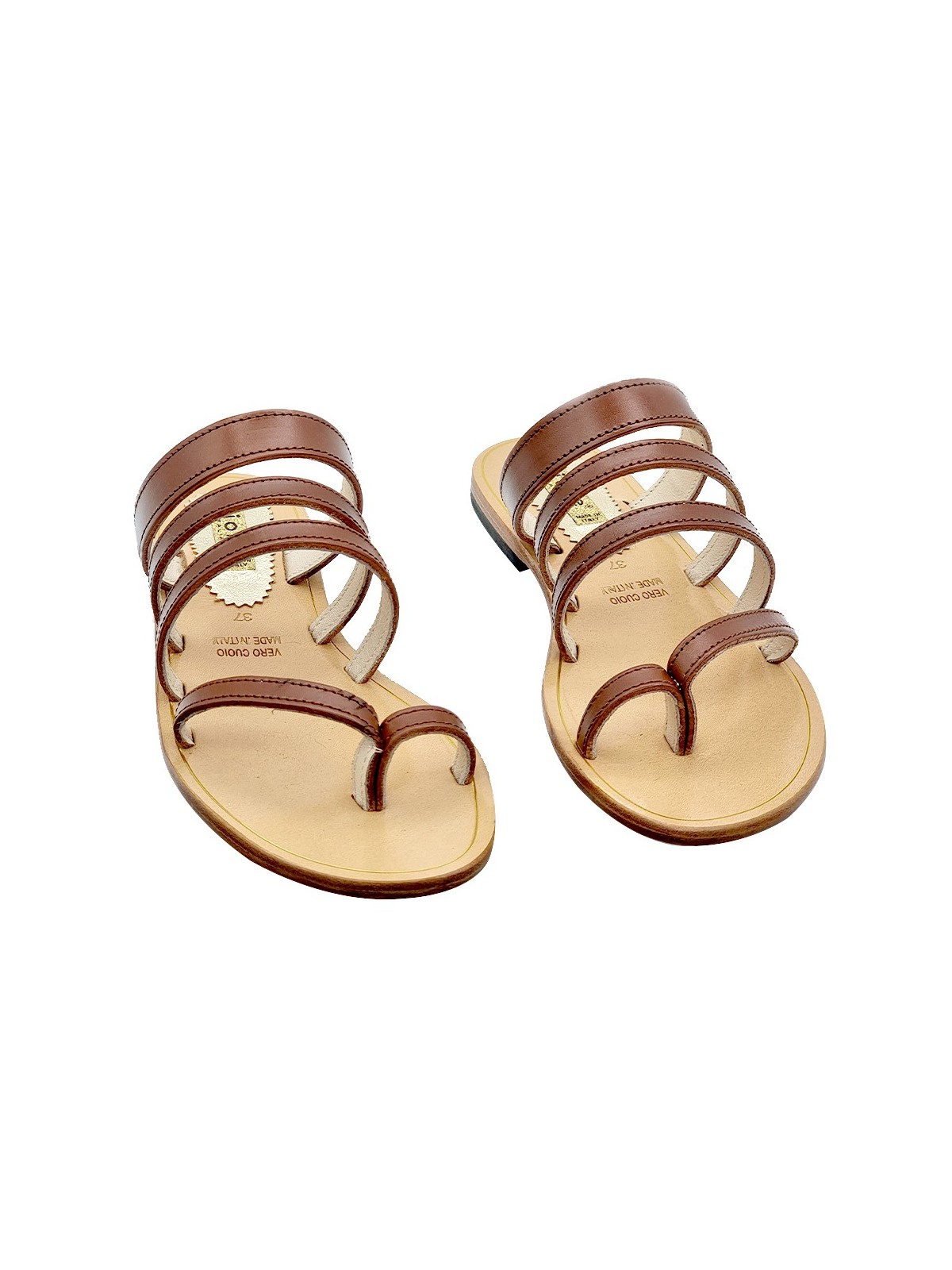 FLAT THONG SANDALS WITH BROWN LEATHER BANDS