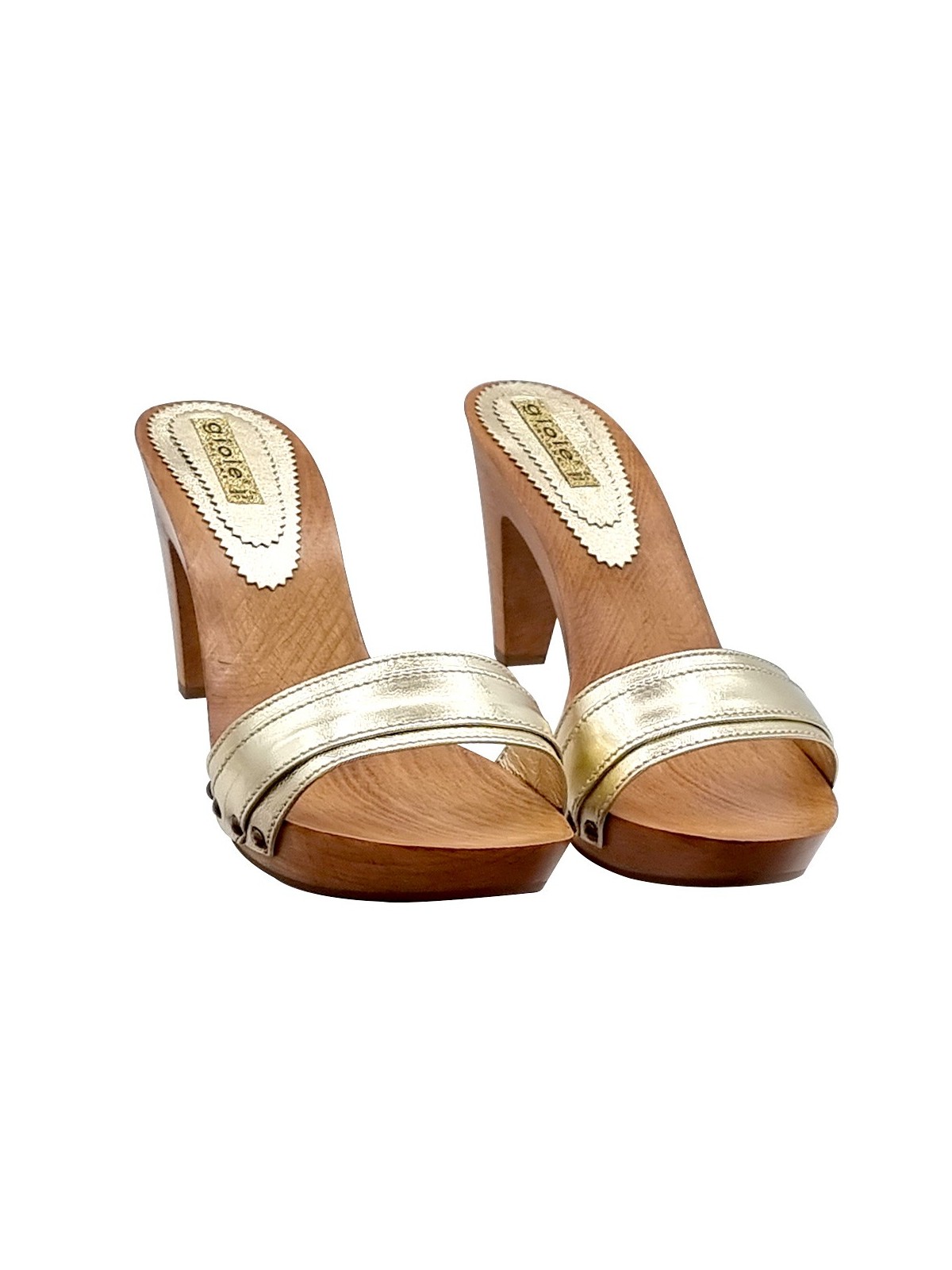 CLOGS WITH GOLD LEATHER BAND AND 9.5 HEEL