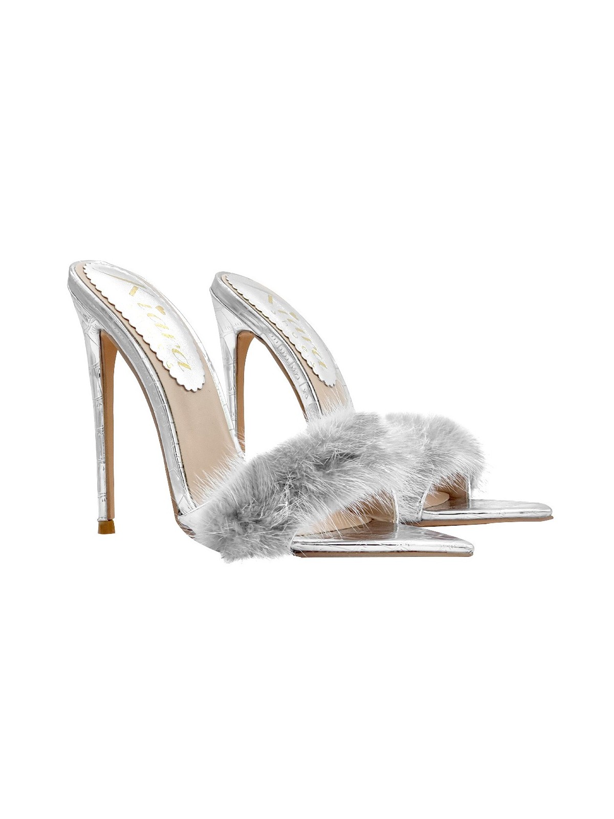 SILVER POINTED SANDALS WITH FUR