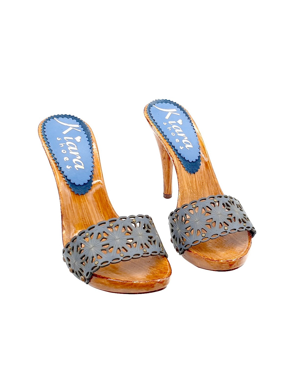CLOGS IN BLUE LASERED LEATHER AND HIGH HEEL