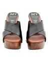 BLACK CLOGS WITH CROSSED LEATHER BANDS