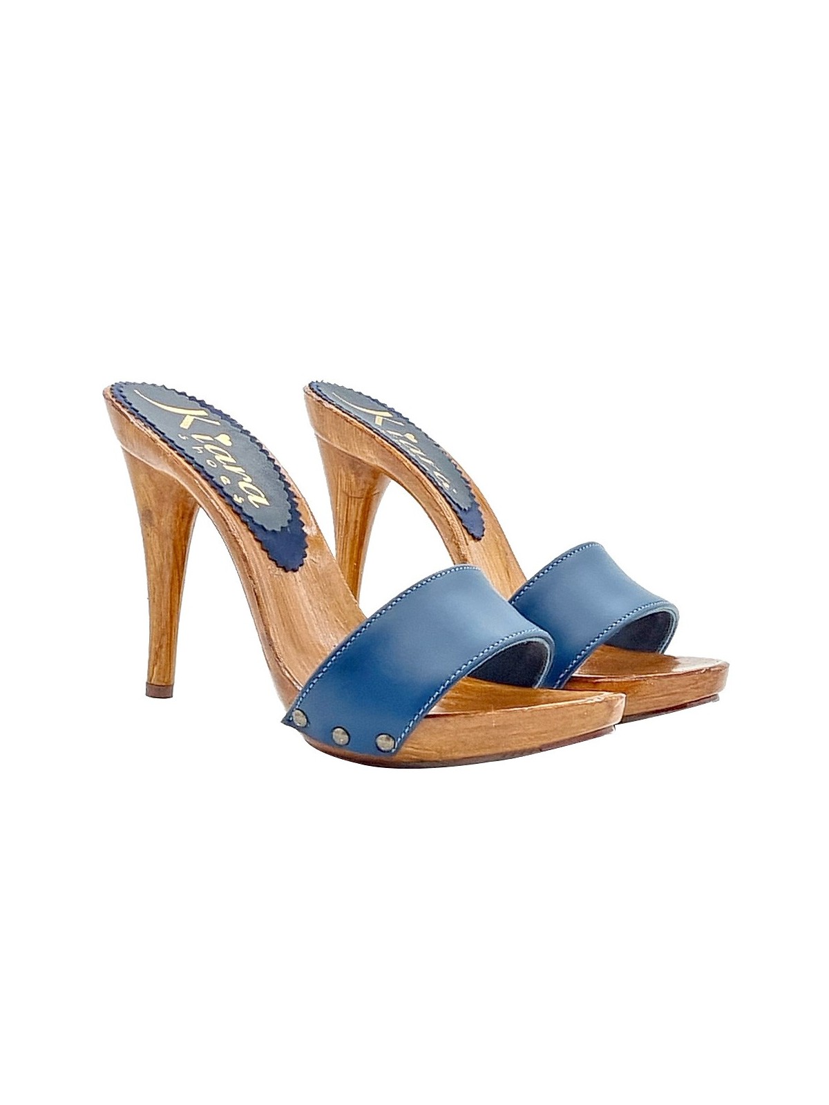 CLOGS IN BLUE LEATHER WITH STILETTO HEEL