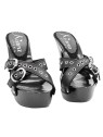 BLACK CLOGS WITH BRAIDED BANDS AND SILVER BUCKLES