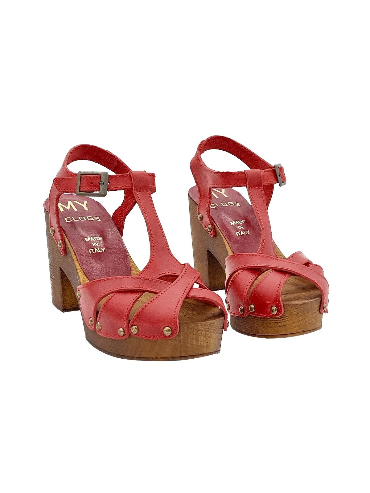 RED LEATHER SANDALS WITH CROSSED BANDS