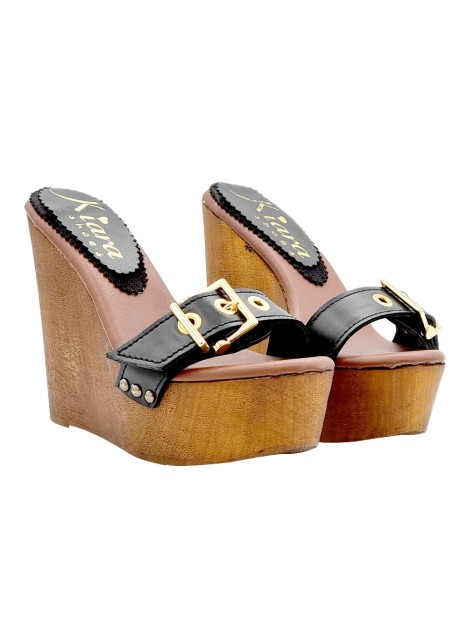 WEDGE WITH BLACK LEATHER BAND AND GOLDEN BUCKLE
