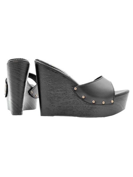 BLACK LEATHER WEDGE SANDALS