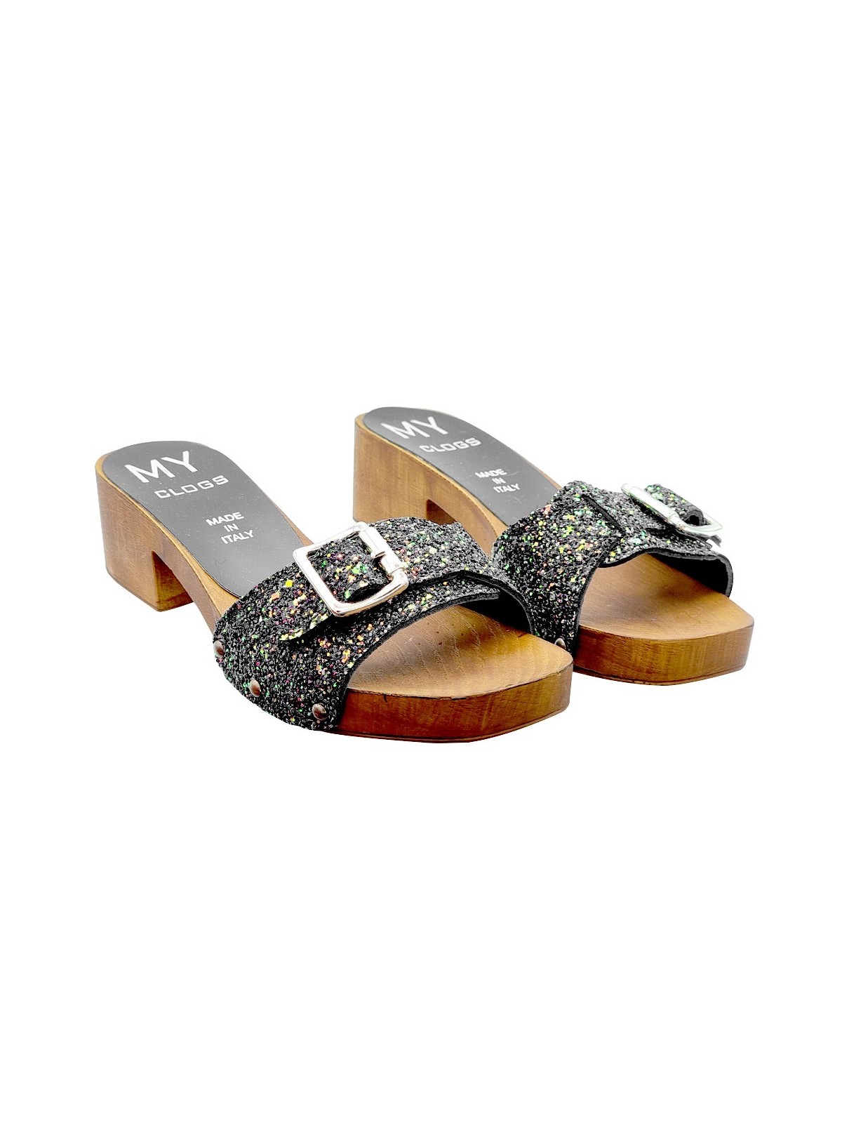 LOW BLACK GLITTER CLOGS WITH BUCKLE