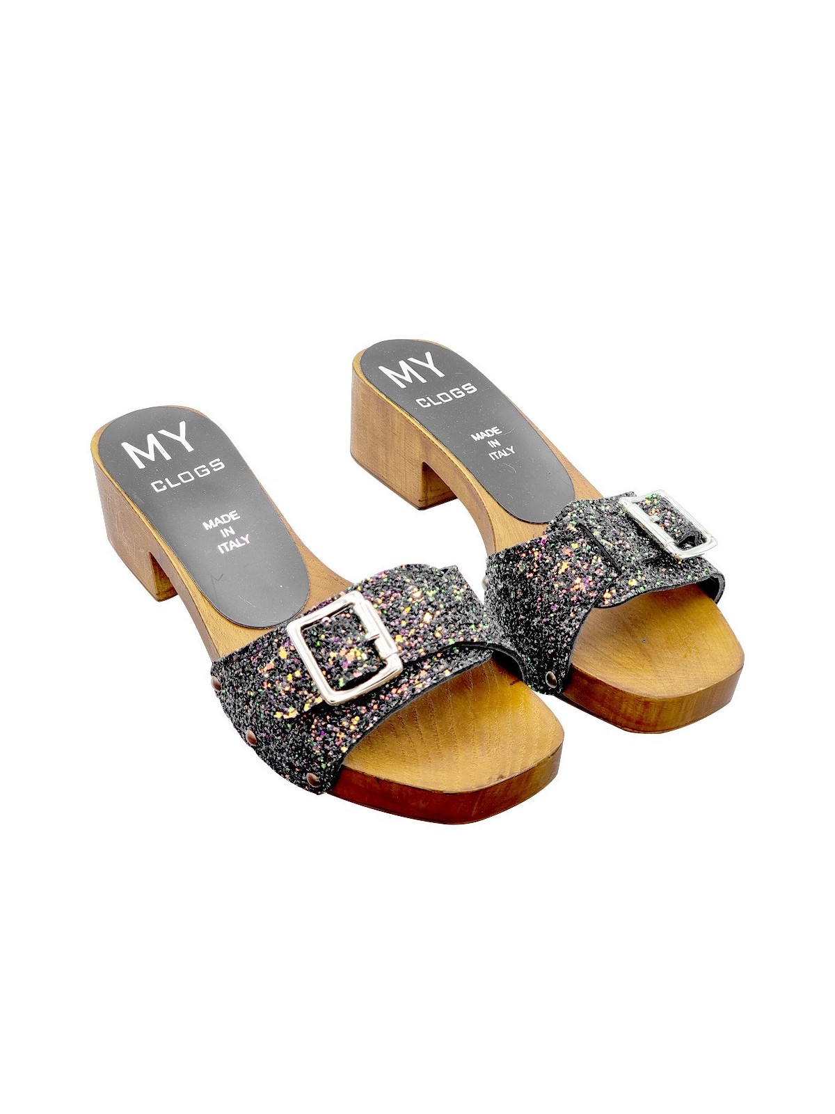 LOW BLACK GLITTER CLOGS WITH BUCKLE