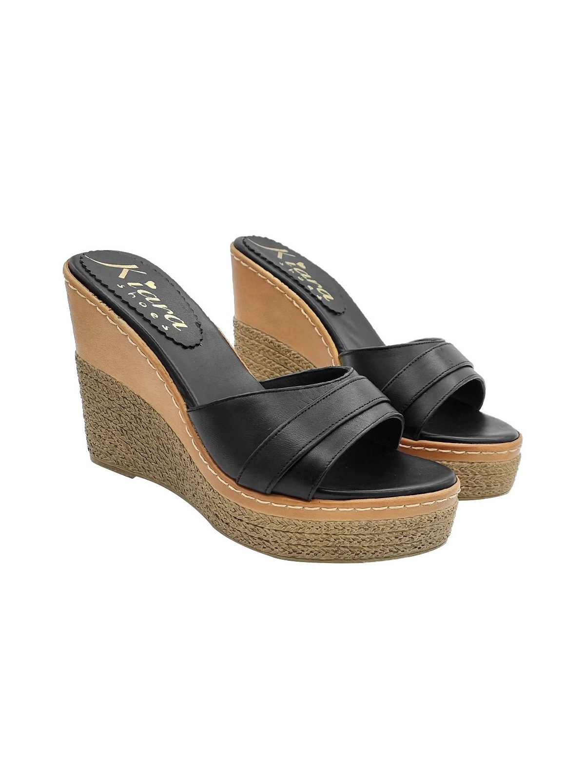 WOMEN'S BLACK LEATHER WEDGES WITH HEEL 11