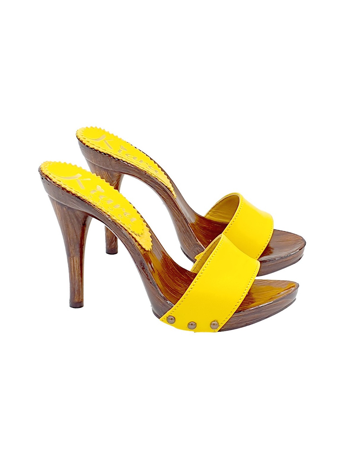 YELLOW CLOGS WITH LEATHER BAND AND HIGH HEEL