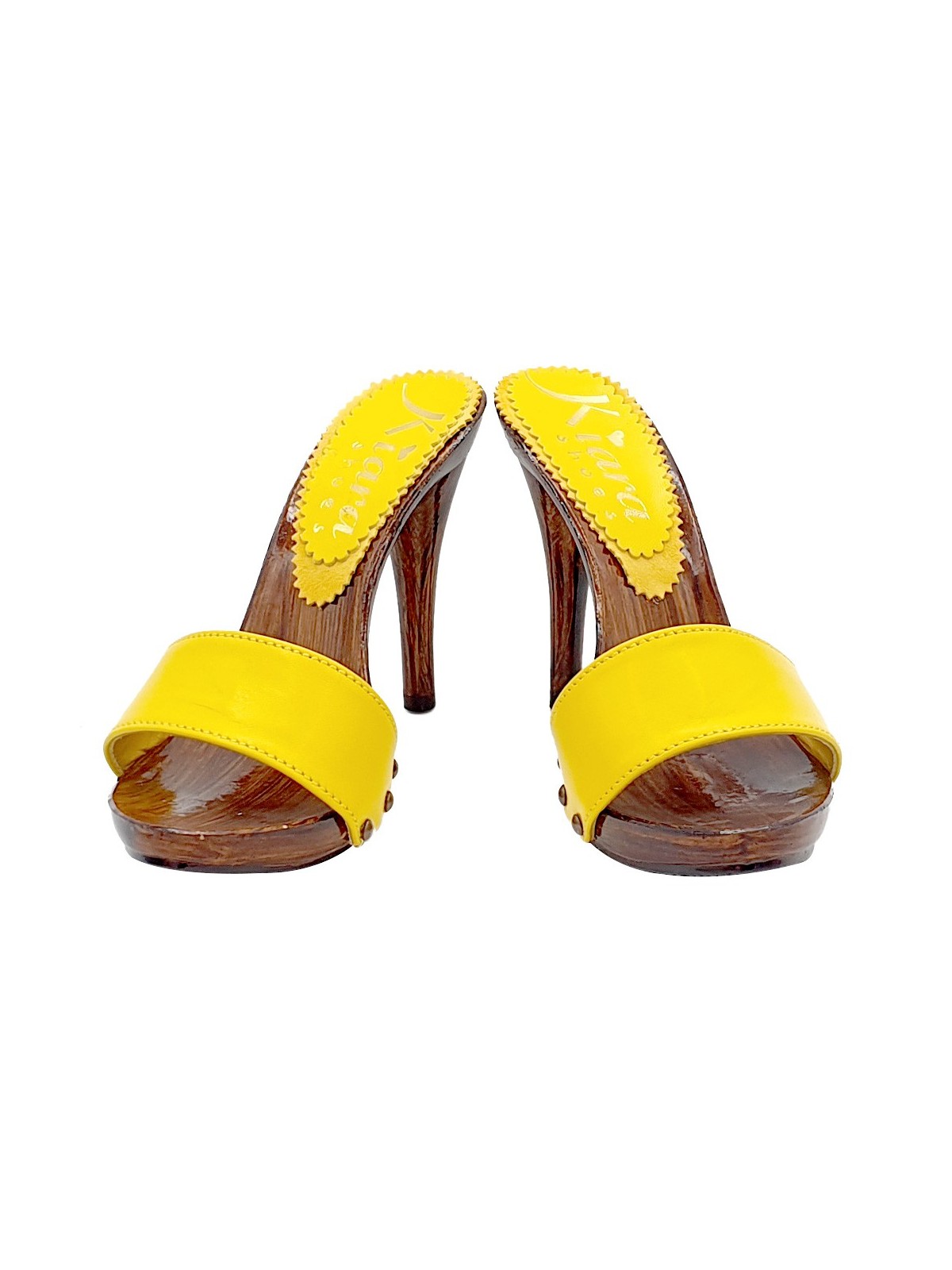 YELLOW CLOGS WITH LEATHER BAND AND HIGH HEEL