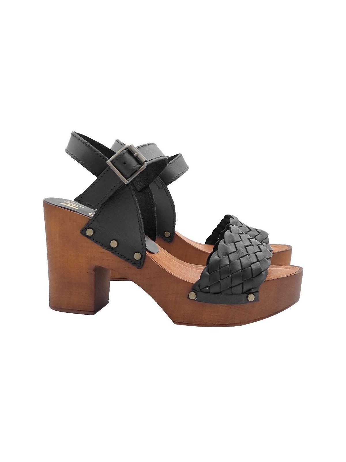 BLACK SANDALS WITH WOVEN BAND AND HEEL 9