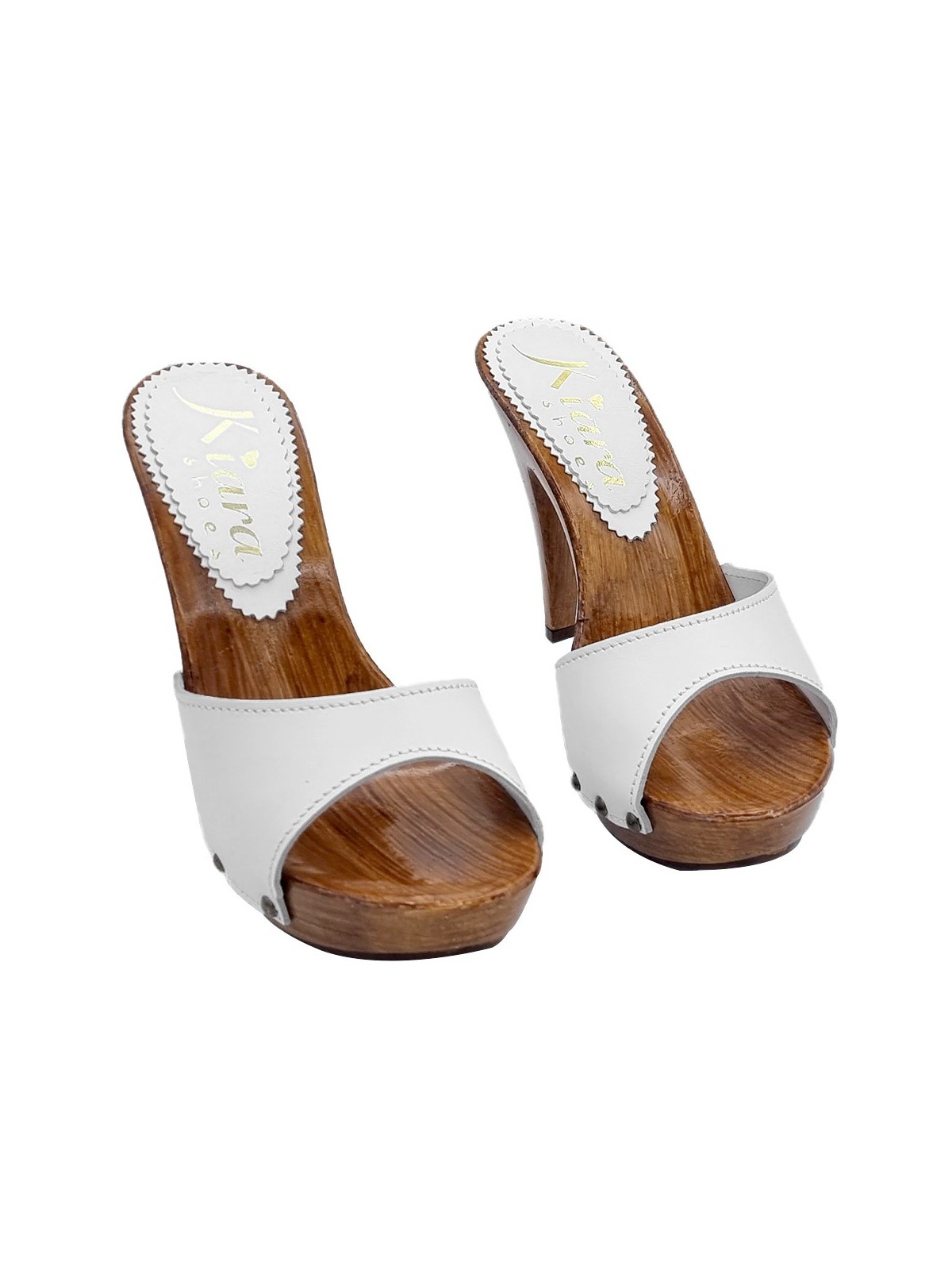 WHITE LEATHER CLOGS WITH 11 CM HEEL