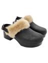 BLACK DUTCH SANDALS IN LEATHER WITH BEIGE FUR